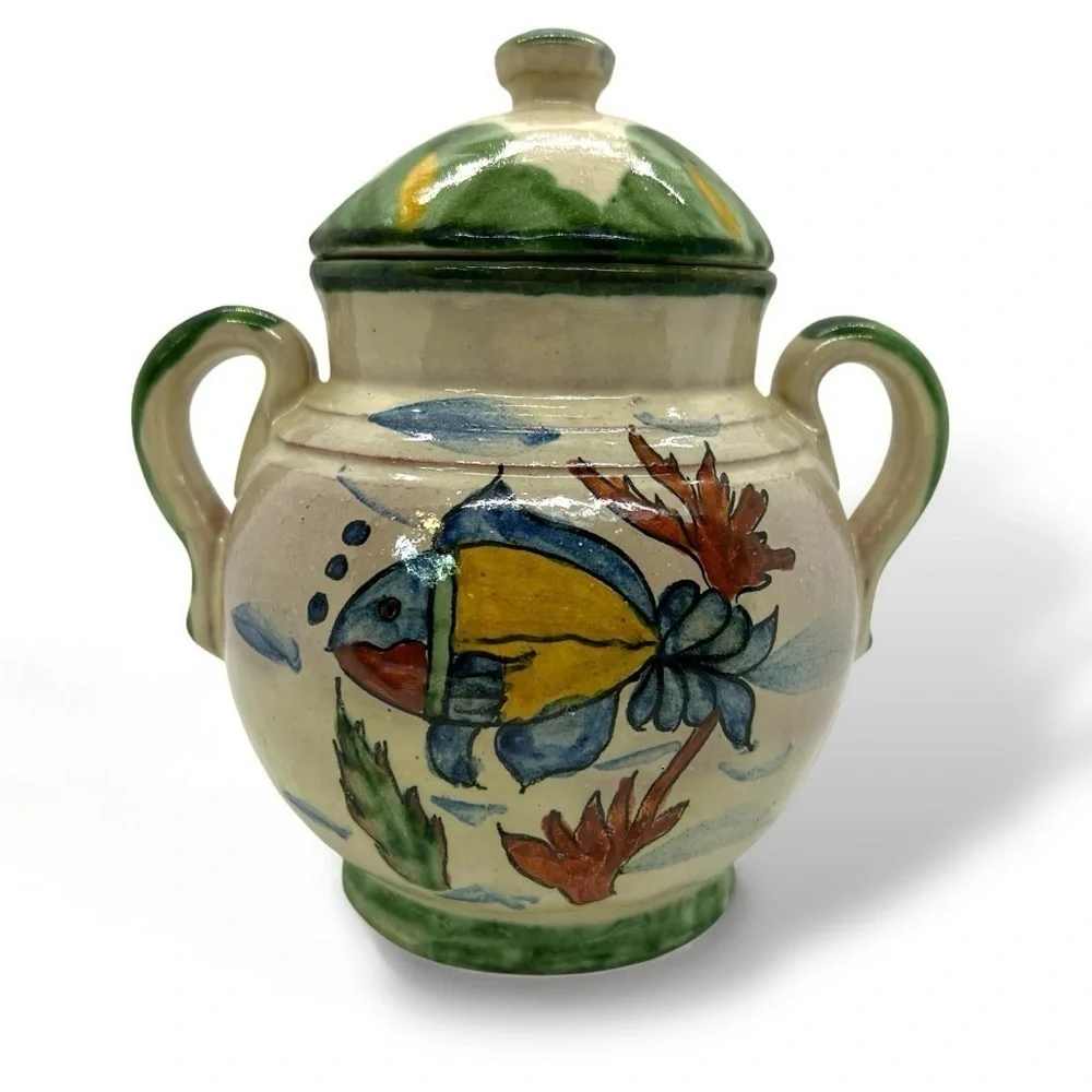 Vtg Mexican Pottery Sugar Bowl w/lid Hand Painted Fish  Glazed, Artist Signed